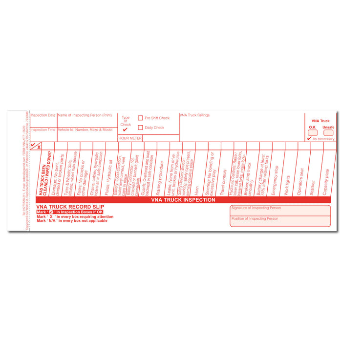 VNA Truck Pre-Use Visual Inspection Checklist (pad of 30)