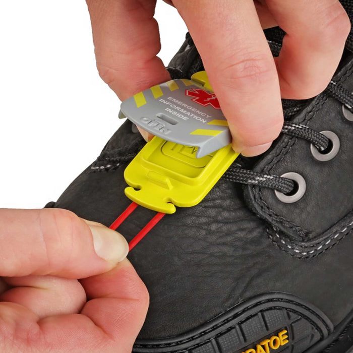 Worker Emegency ID Tag on work boot