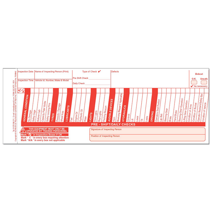 Bobcat Pre-Use Visual Inspection Checklist (Pad of 30)