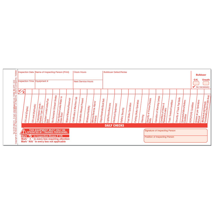 Bulldozer Pre-Use Visual Inspection Checklist (Pad of 30) | Ensure Safety & Compliance