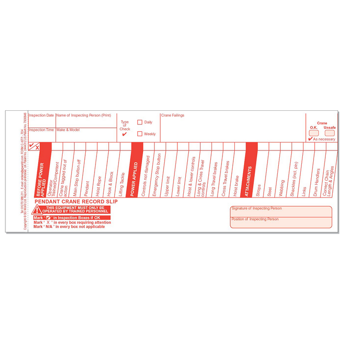 Crane Pre-Use Visual Inspection Checklist (Pad of 30)