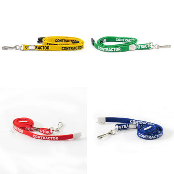 Image of contractor lanyards in green, yellow, red and blue. 