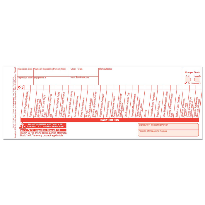 Dumper Truck Pre-Use Visual Inspection Checklist (Pad of 30)
