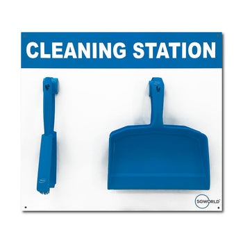 Image of a shadow board with dust pan and brush. 