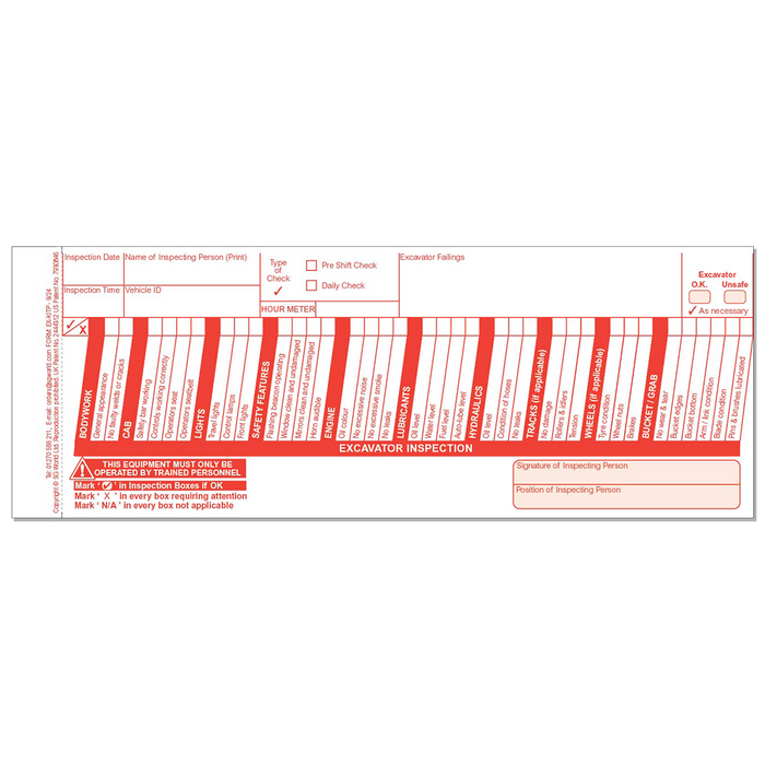 Excavator Pre-Use Visual Inspection Checklist (pad of 30)