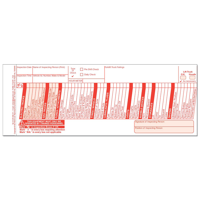 Fork Lift Truck Pre-Use Visual Inspection Checklist (Pad of 30)