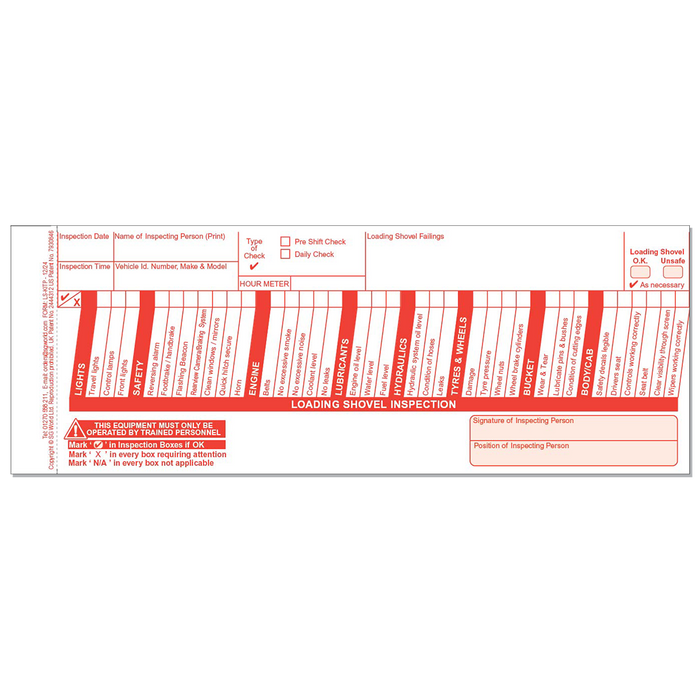 Loading Shovel Pre-Use Visual Inspection Checklist (pad of 30)