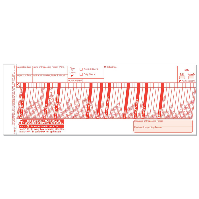 Material Handling Equipment Pre-Use Visual Inspection Checklist (pad of 30)