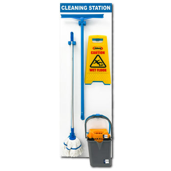 Image of a shadow board with cleaning products on. 