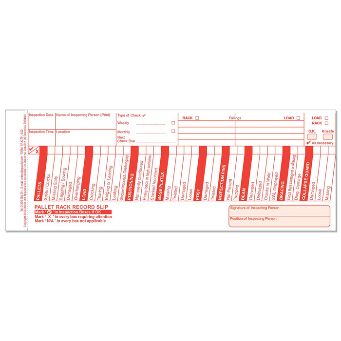 Pallet Racking Pre-Use Visual Inspection Checklist System (Pad of 30)