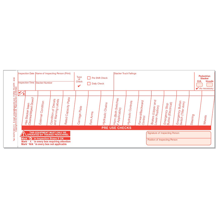Pedestrian Stacker Pre-Use Visual Inspection Checklist (pad of 30)