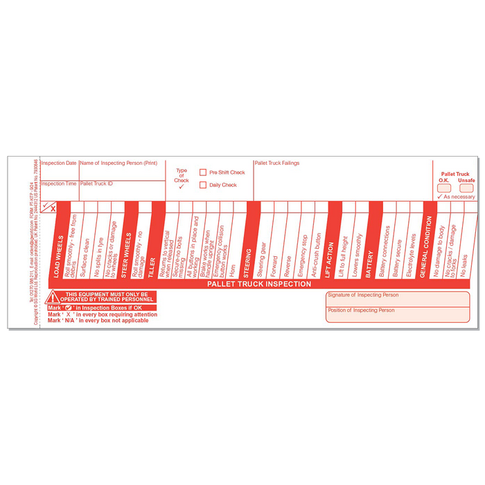 Pallet Truck Inspection Checklist (pad of 30)