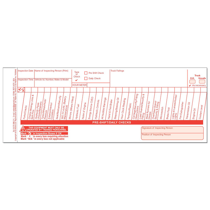 Rough Terrain Fork Lift Truck Pre-Use Visual Inspection Checklist (Pad of 30)