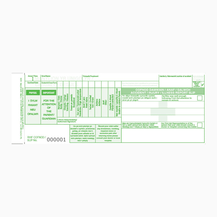 School Incident Reporting Form (Pad of 30) Welsh Language