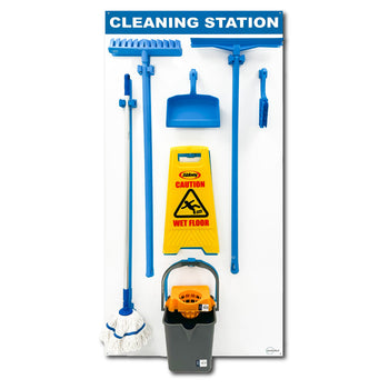 Image of a shadow board with cleaning products. 