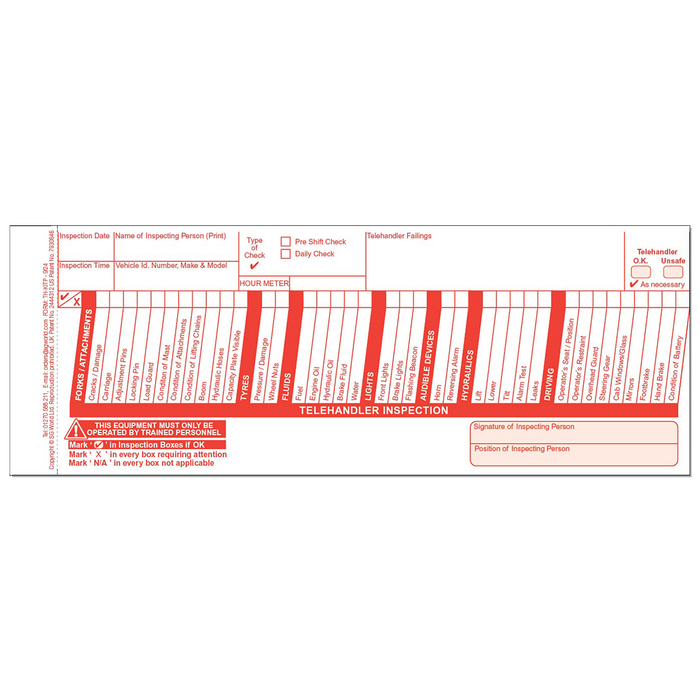 Telehandler Pre-Use Visual Inspection Checklist (pad of 30)