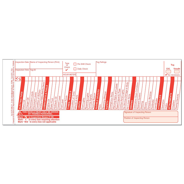 Tug Pre-Use Visual Inspection Checklist (pad of 30)