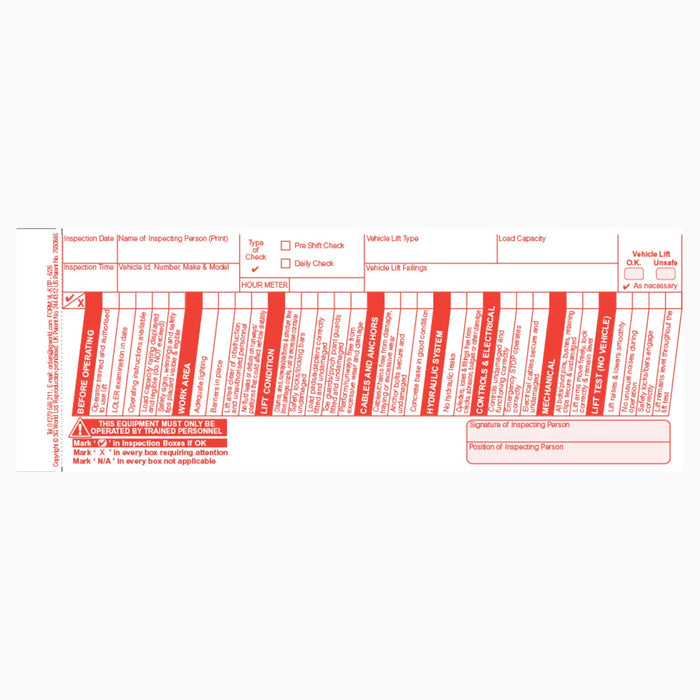 Vehicle Lifting Equipment Inspection Checklist (Pad of 30)