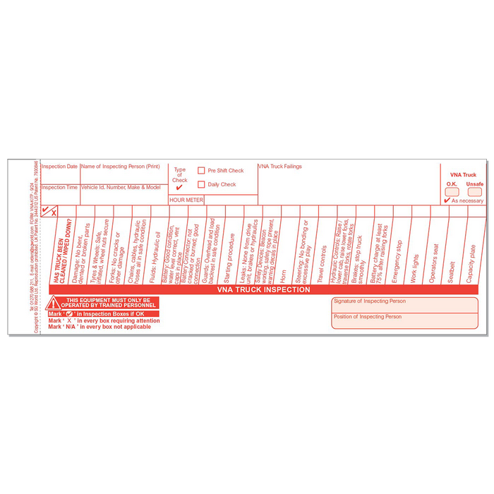 VNA Truck Pre-Use Visual Inspection Checklist (pad of 30)