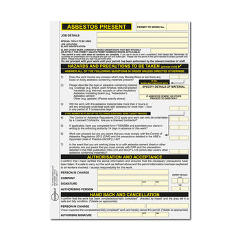 Asbestos Present Permit to Work (Packs of 5)