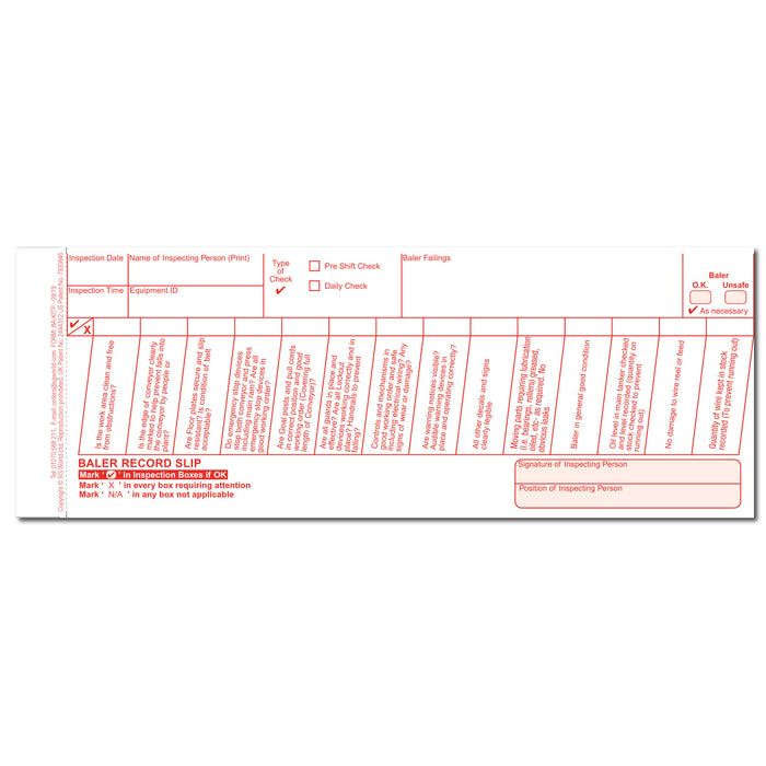 Baler Pre-Use/Daily Inspection Checklist (pad of 30)