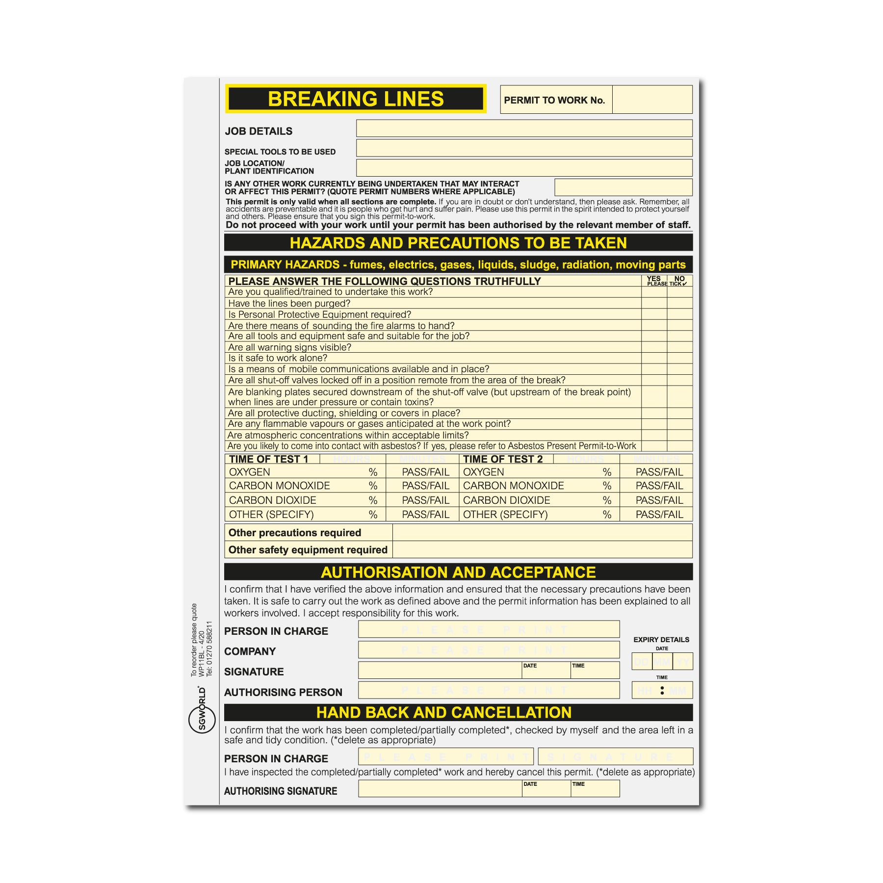 Breaking Lines Permit to Work (Packs of 5) | SG World | SG World