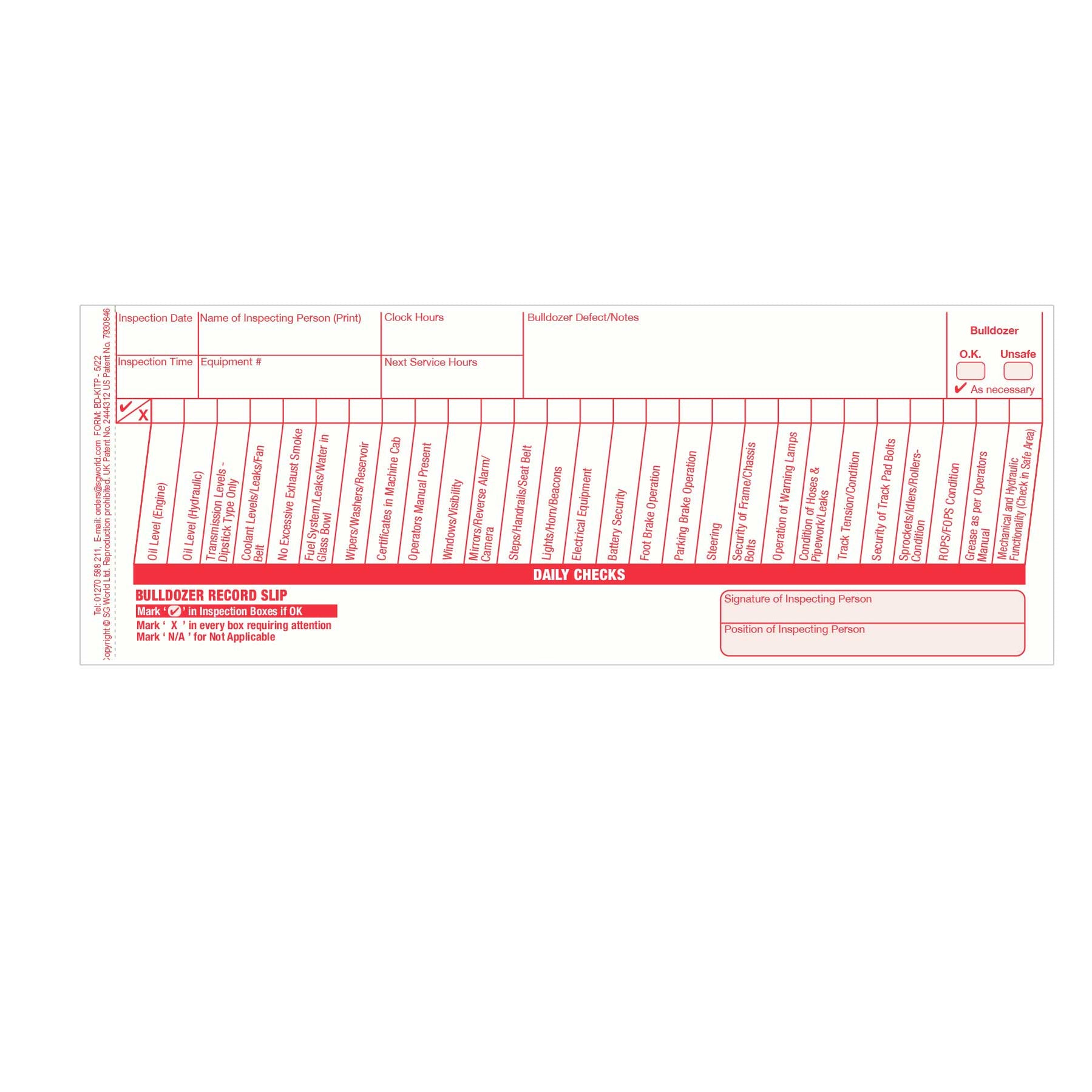 Bulldozer Pre-Use Visual Inspection Checklist (Pad of 30) | Ensure Saf ...