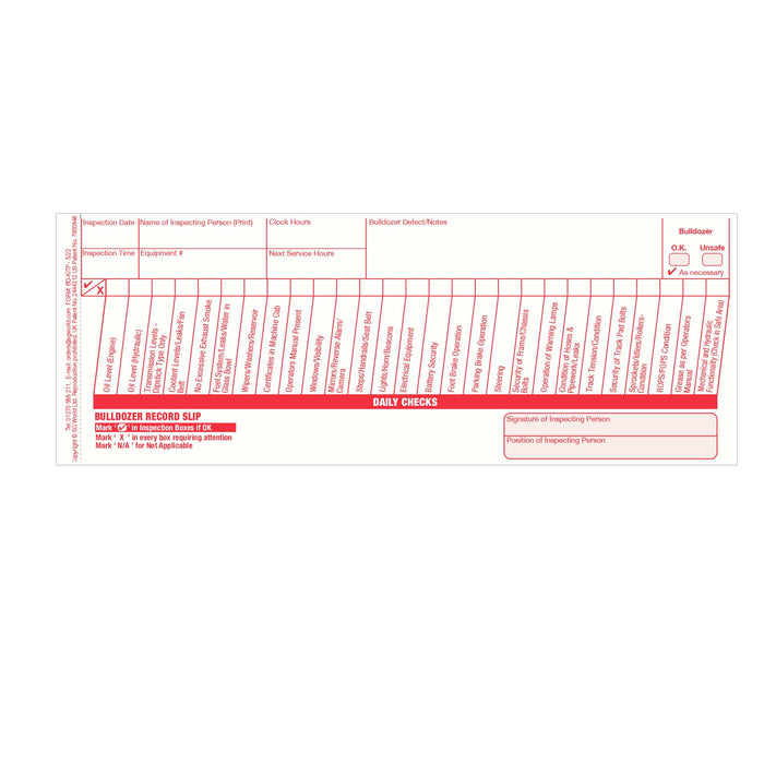 Bulldozer Pre-Use Inspection Checklist (Pad of 30)