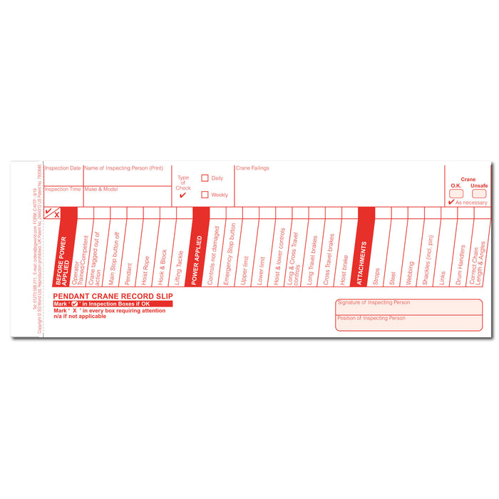 Crane Pre-Use Visual Inspection Checklist (Pad of 30)