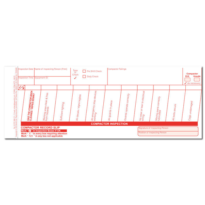 Compactor Pre-Use (Daily) Inspection Checklist (pad of 30)