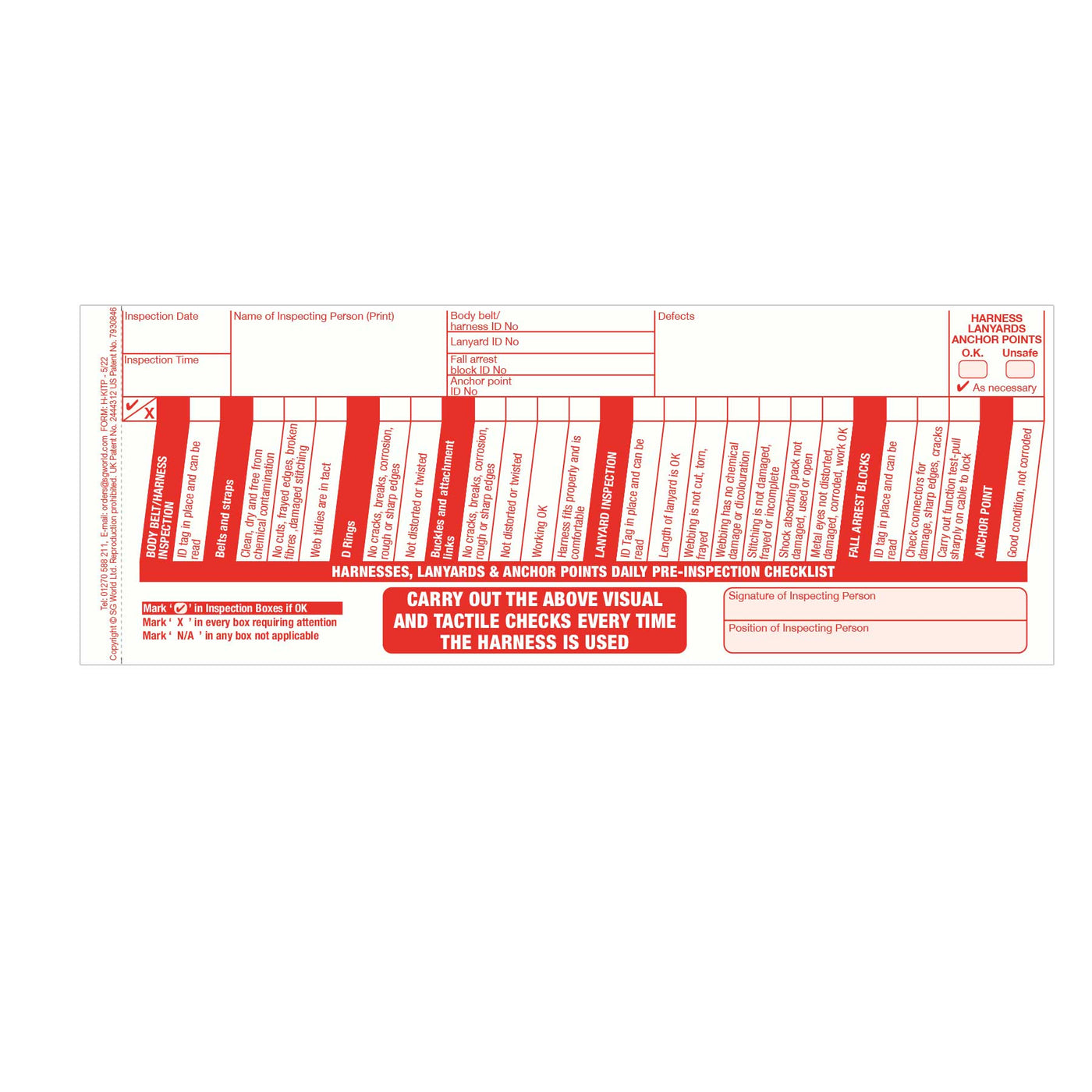 Harness Pre-Use Visual Inspection Checklist (Pad | SG World | SG World