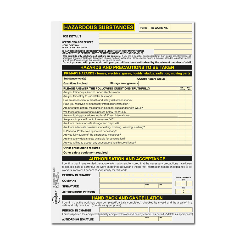 Color Coded Work Permit Permit to Work Books and Site Safety Forms | SG World | SG World