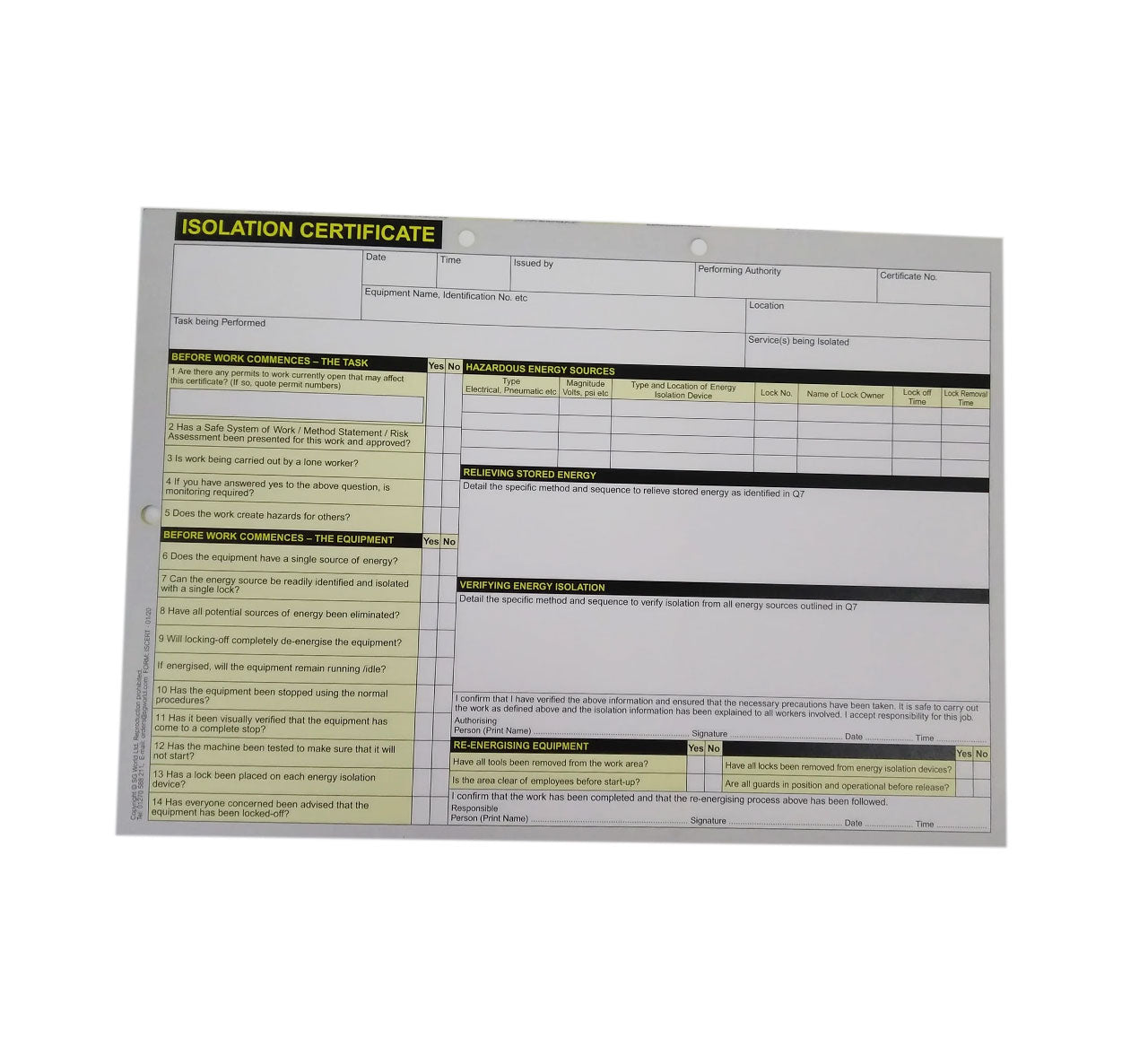 Isolation Certificate Kit (Pack of 10) | SG World
