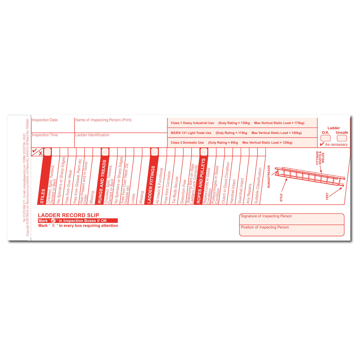 Ladder Pre-Use Visual Inspection Checklist (Pad of 30) | SG World