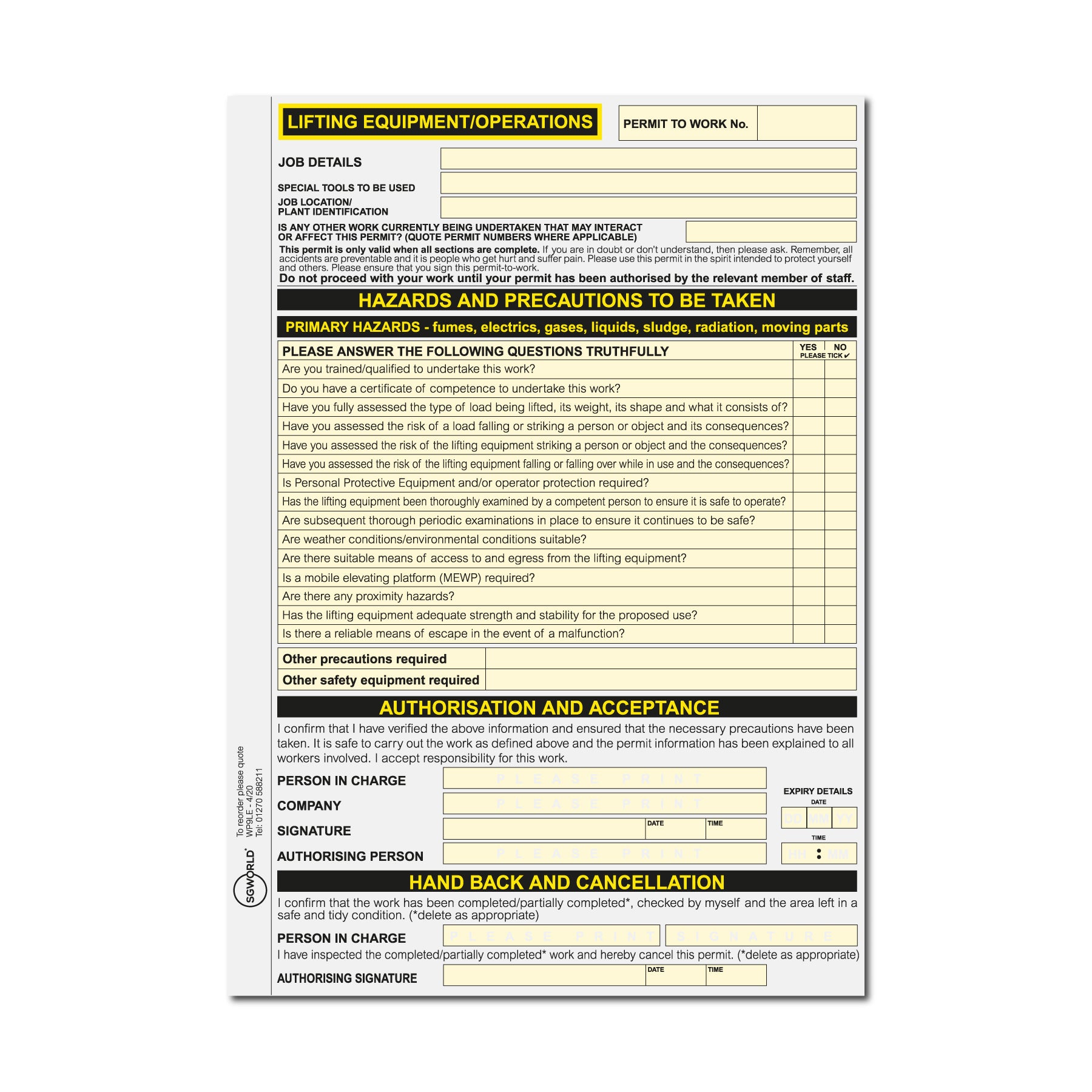 Lalg Form Lifting Equipment Permit to Work (Packs of 5) | SG World | SG World