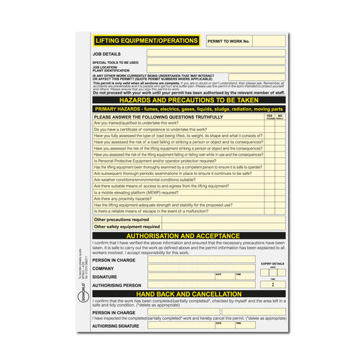 Lifting Equipment Permit to Work (Packs of 5)