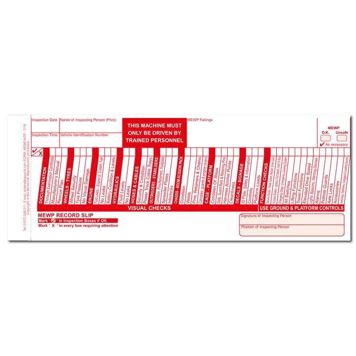 MEWP Pre-Use Visual Inspection Checklist (Pad of 30) | SG World