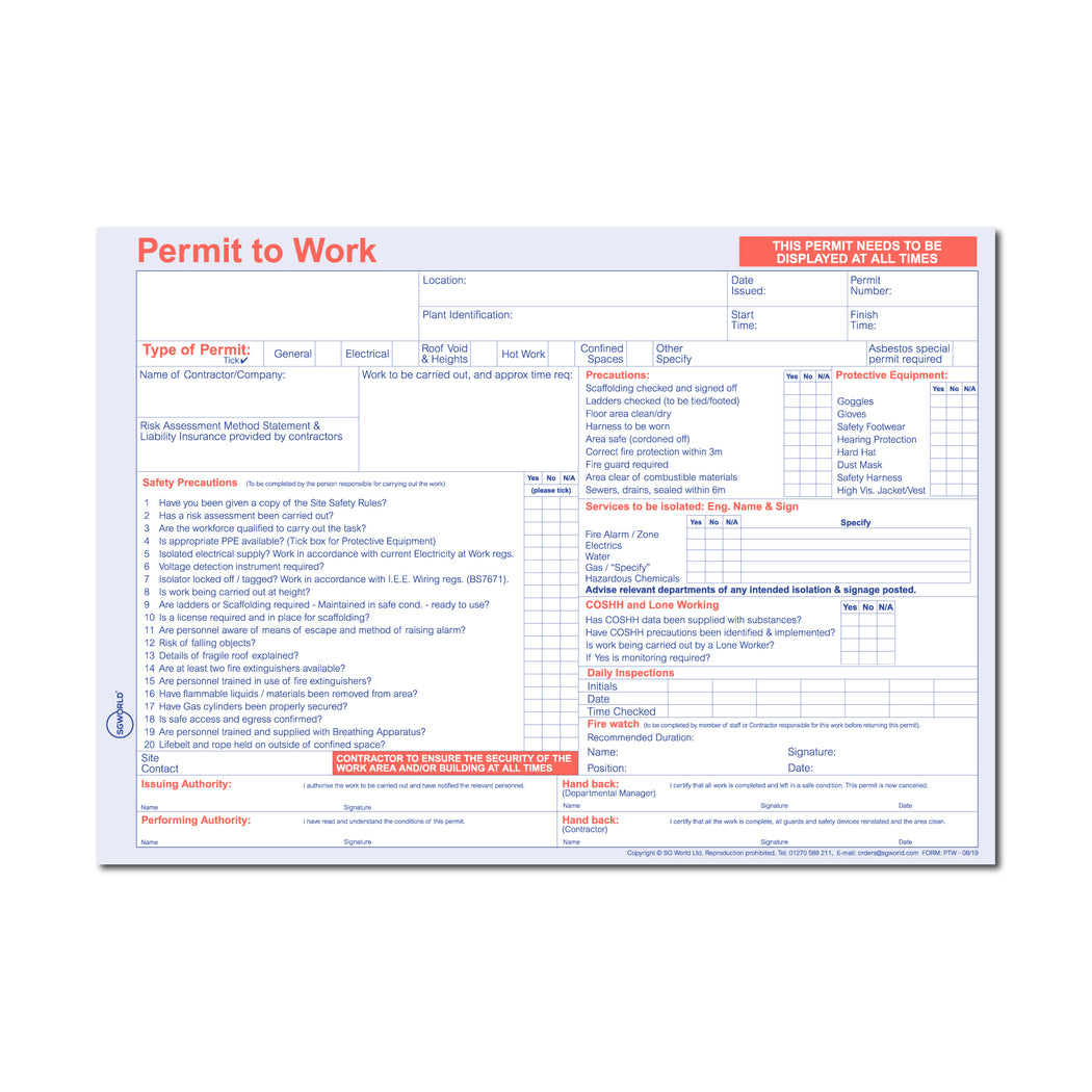 MEWP Pre-Use Visual Inspection Checklist (Pad of 30) | SG World