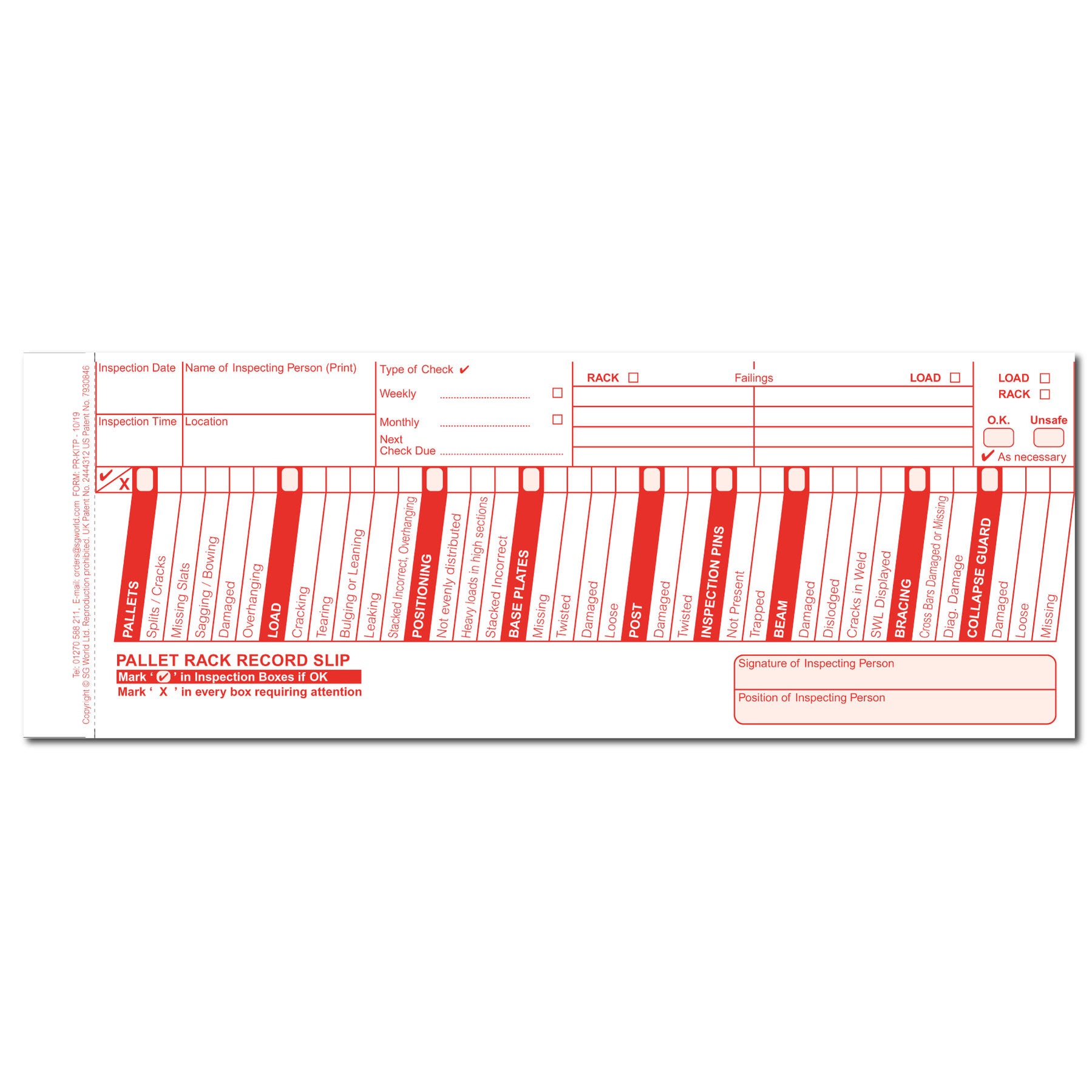 Pallet Racking Pre-Use Visual Inspection Checklist System (Pad of 30 ...