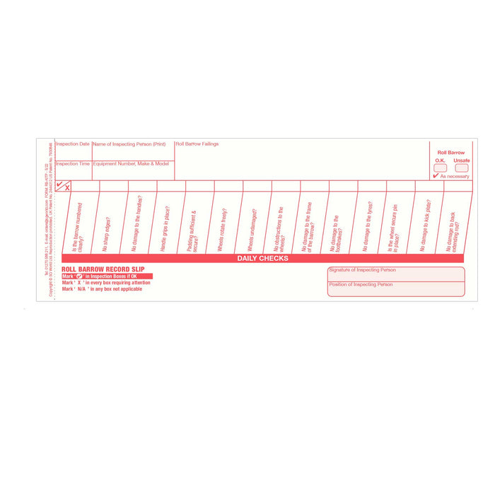 Roll Barrow Pre-Use Visual Inspection Checklist (Pad of 30)