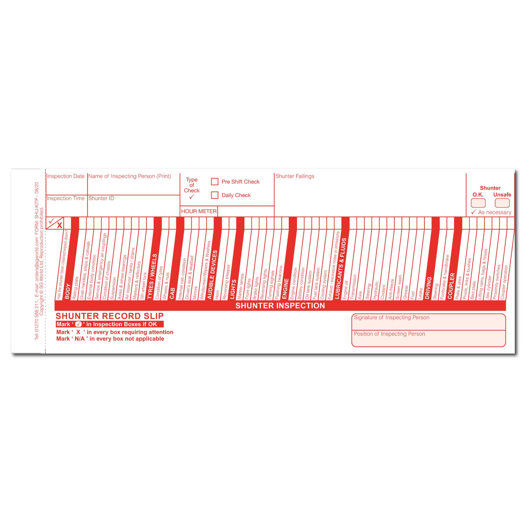 Shunter Pre-Use Visual Inspection Checklist (pad of 30) | SG World