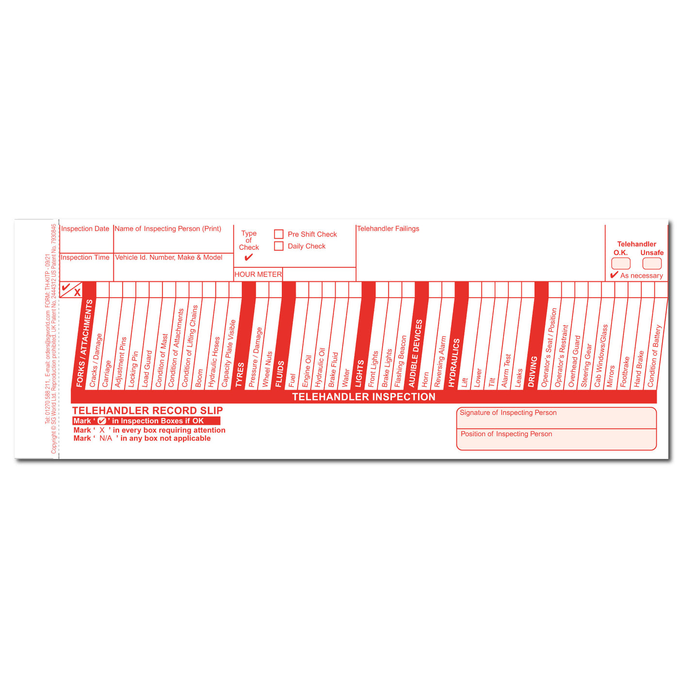 Telehandler Pre-Use (Daily) Inspection Checklist (pad of 30) — SG World