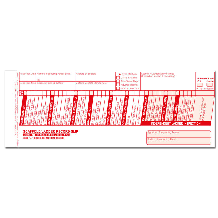 Scaffold Tower Pre-Use Visual Inspection Checklist (Pad of 30)