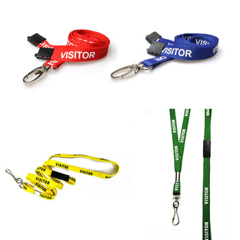 Image of a visitor lanyard in red, blue, yellow and green.