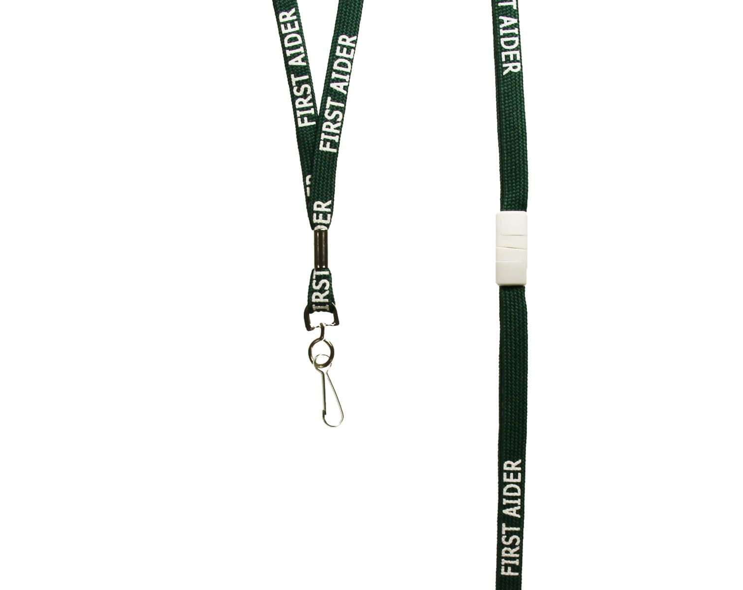 Green lanyard pre-printed with First Aider