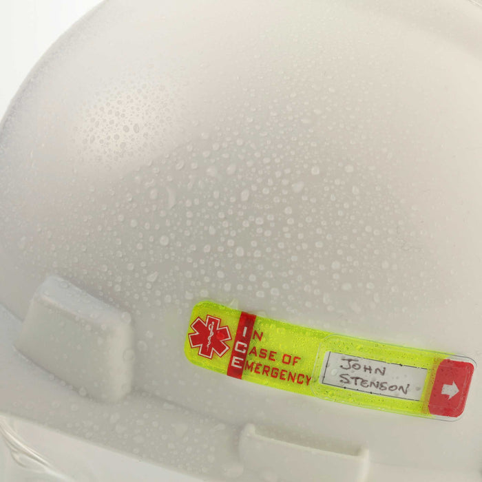 Worker Emergency ID  Tag with Window  on wet hard hat