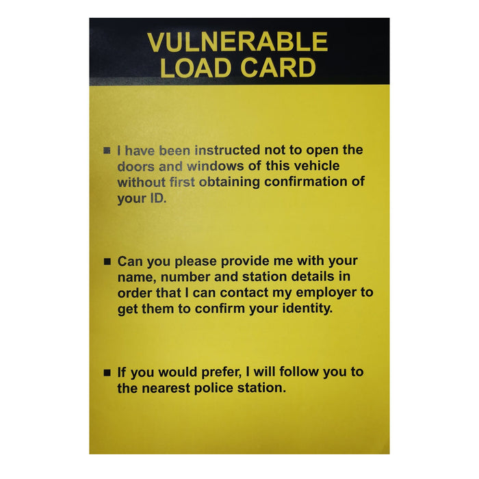 Vulnerable Load Card viewed from outside vehicle
